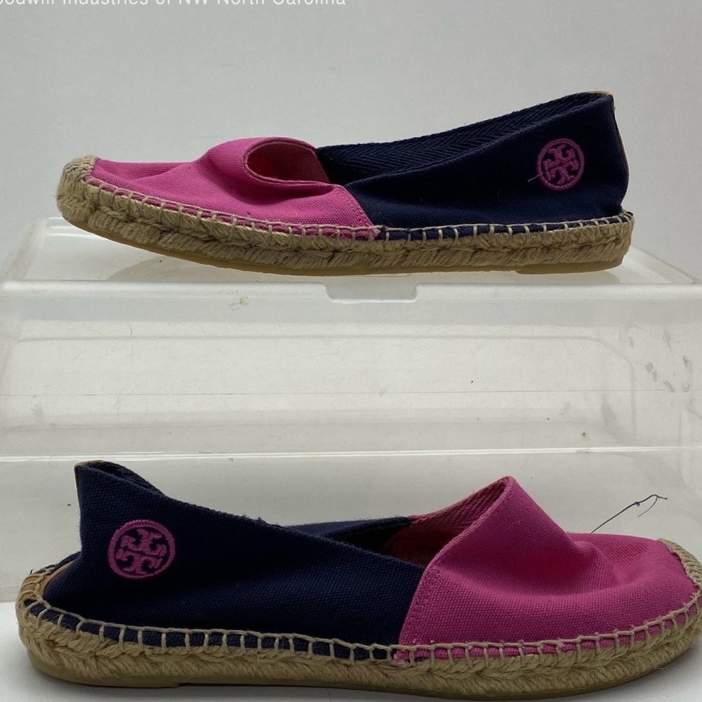 Tory Burch Pink and Navy Canvas Espadrille Slip-Ons